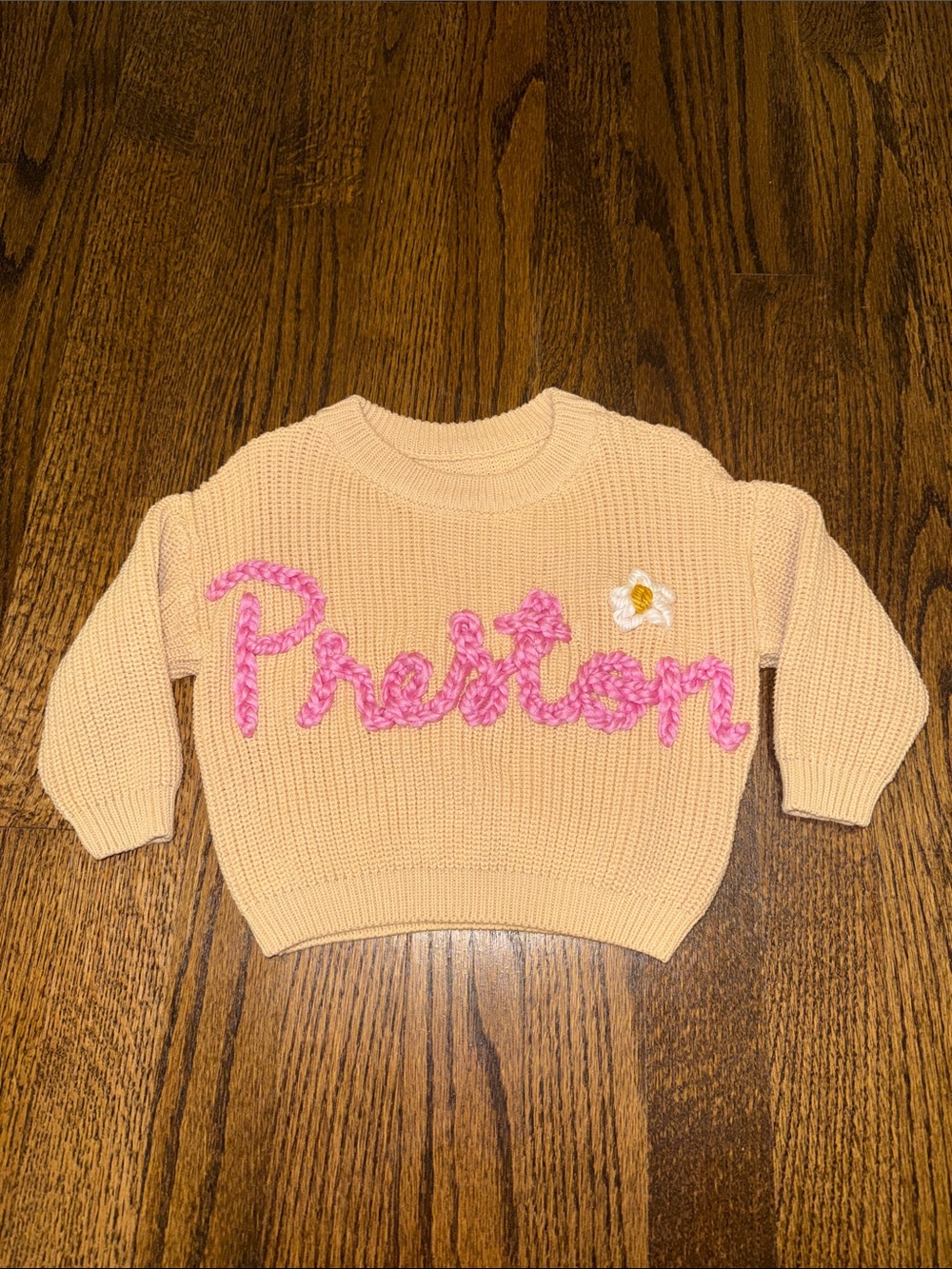 Tan Knit Sweater with Pink “Preston” Script
